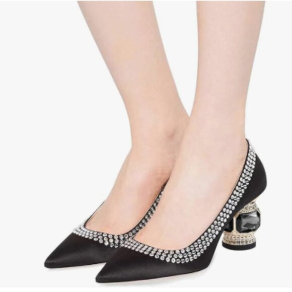 FSJ Black Satin Bridal Pointed Toe Block Low Heel Crystal Pumps Slip on Shoes - Picture 1 of 8
